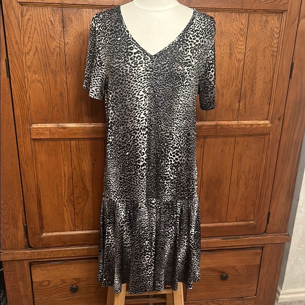 Leopard Print V-Neck Dress with Metallic Bling Size Medium by Lady Noiz